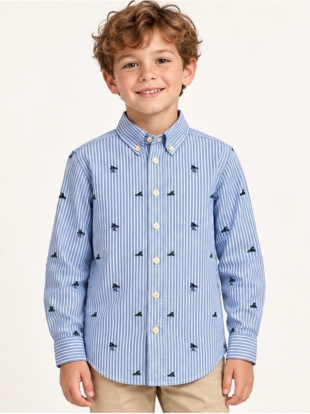 Polo Ralph Lauren Boys 8 Blue Stripe Sneaker Print Button Down Shirt